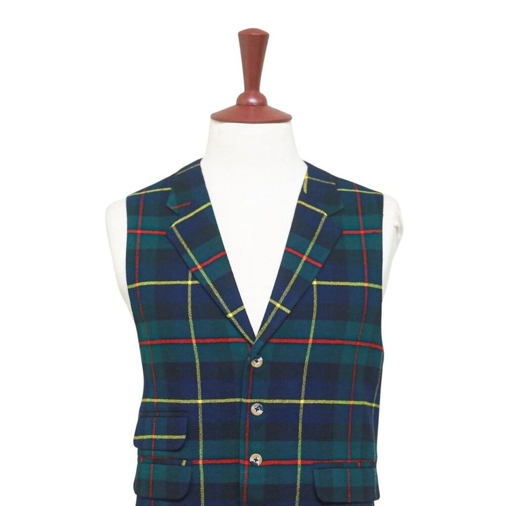 Mens Vest 44R Tartan Plaid Wool Blue Green Yellow Lapel Waistcoat Formal Wedding - Picture 4 of 9